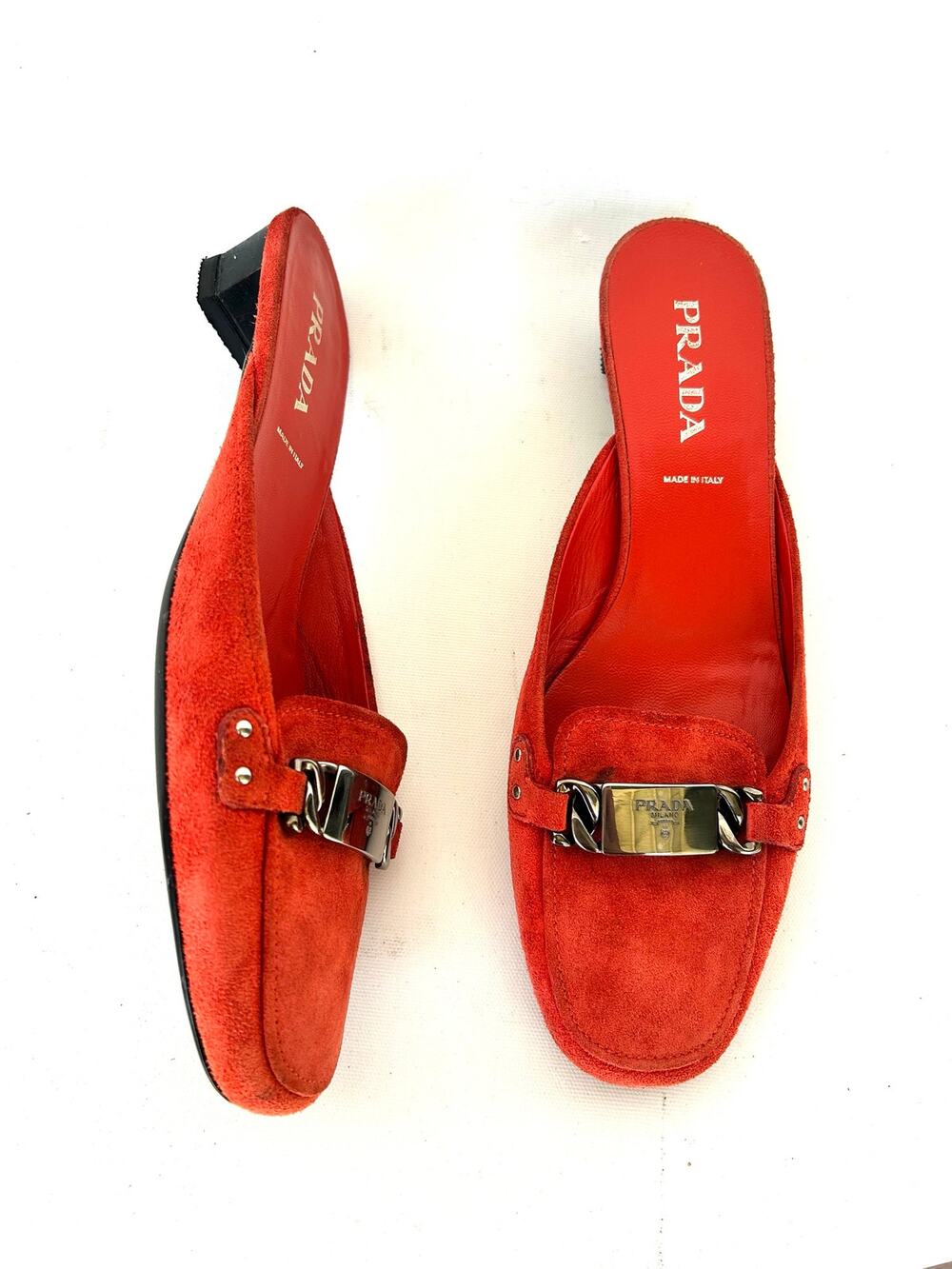 Vintage Prada Suede Orange Statement Kitten Heels Mules 36.5 Square Toe 6.5